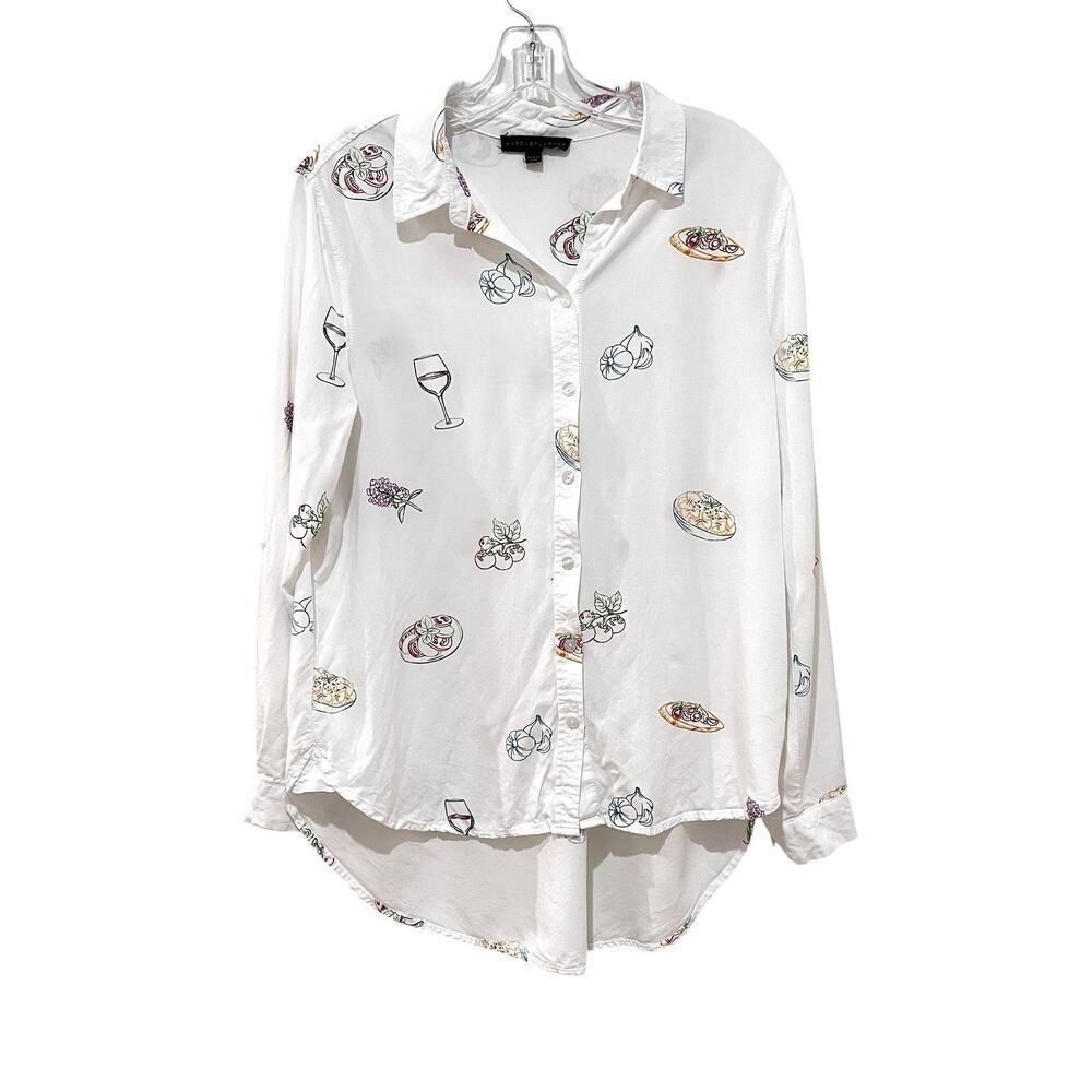 JANE + DELANCEY Shirt Womens Large White Wine Food Print Button Front Top
